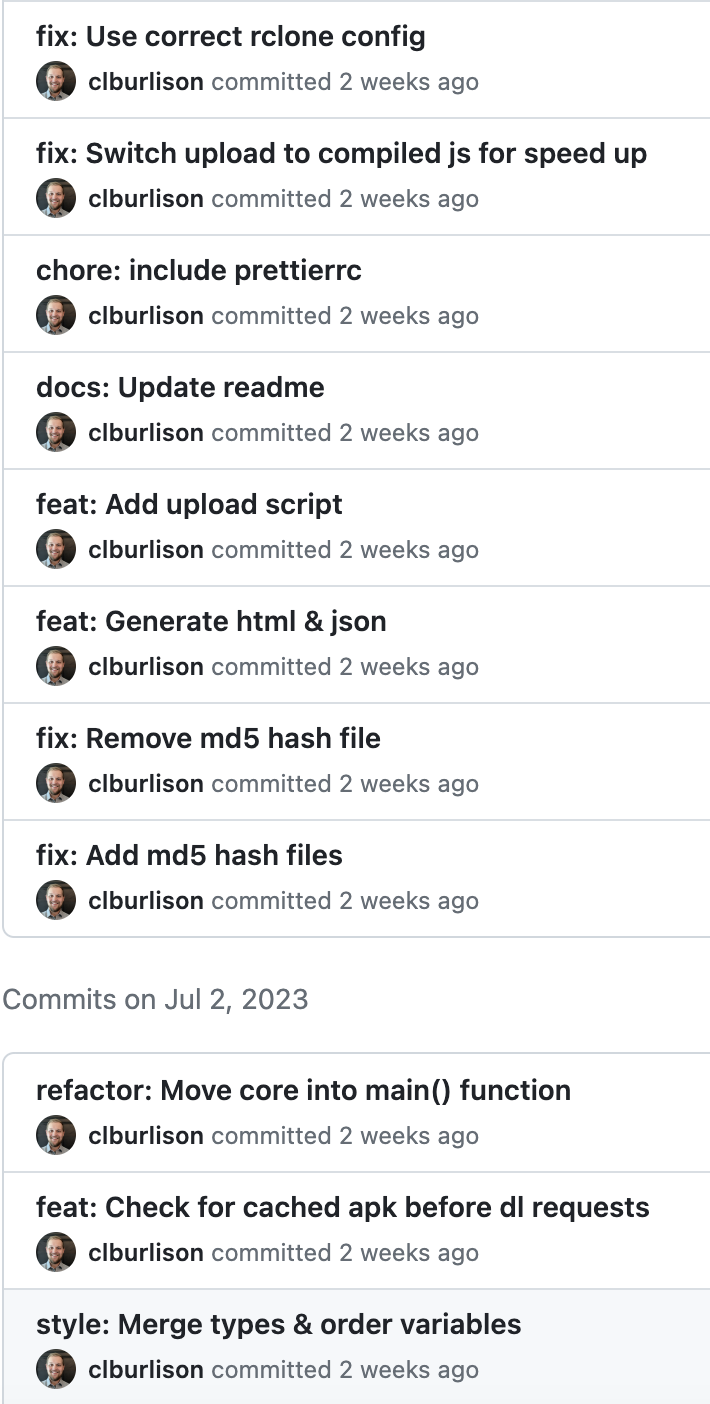 Github screenshot of example commit messages